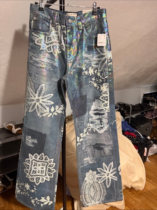 We The Free Denim - We The Free Holographic Blue Bootcut Jeans with White Lace Appliqué